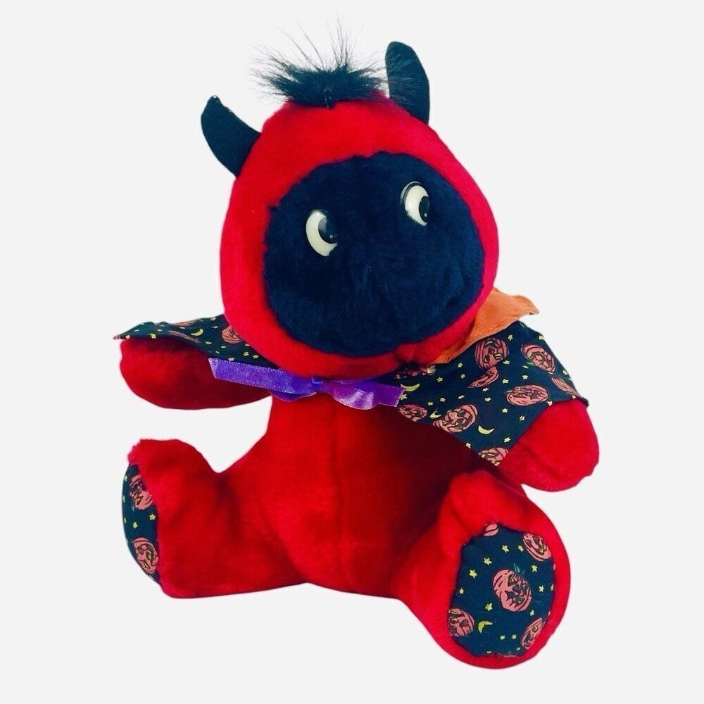 Vintage 1980s King Plush Red Devil Halloween Pumpkins Cape Jack O Lanterns Cute